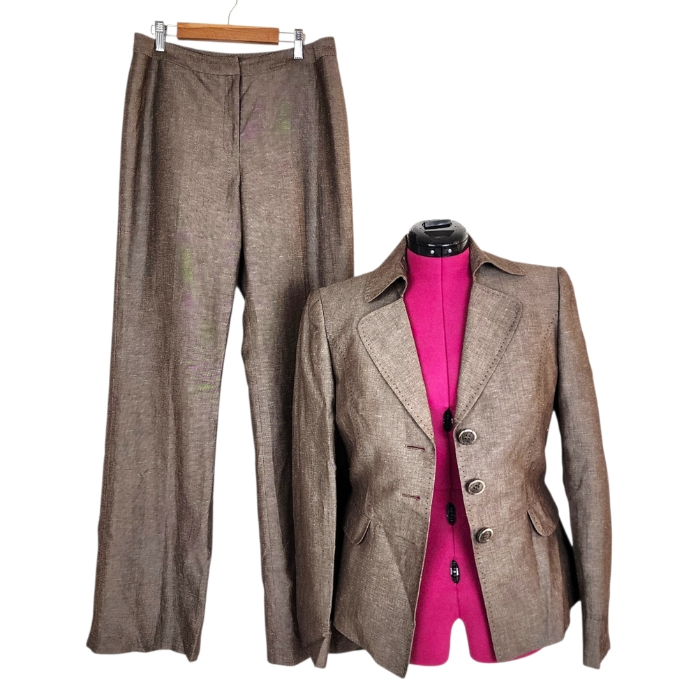 Tahari Arthur S Levine Suit Brown Blazer Pants Linen Blend Set Size 6